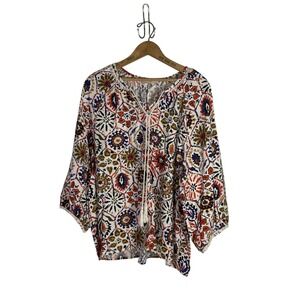 Vivilli Bohemian Medallion Print Peasant Top Short Sleeve Tassel Tie Size XL